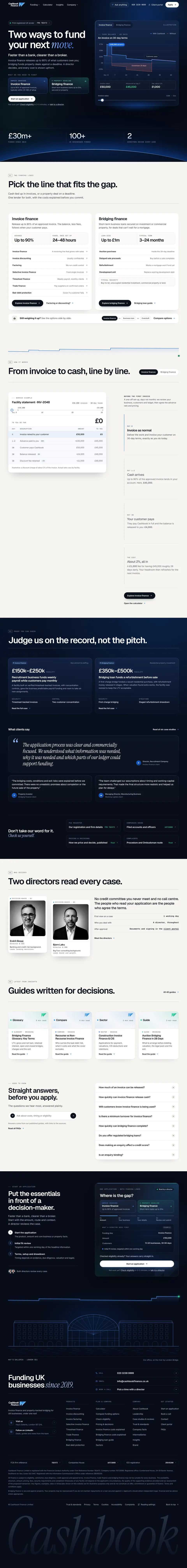 Long desktop view of the Cashbook Finance homepage showing the two funding lines, a line-by-line worked invoice example, client case studies, the two directors, guides, FAQs and the application.